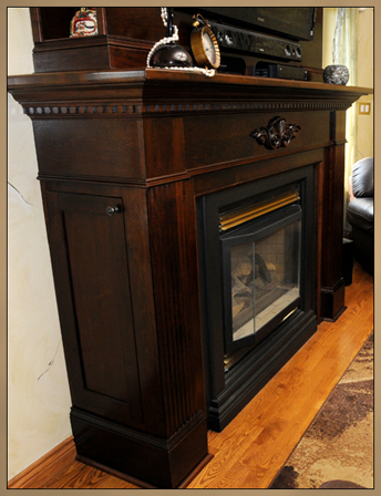Fireplace Mantel Cabinet with side storage door closed.