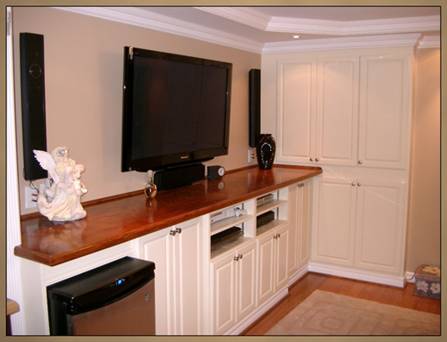 New Basement Bar with integrated Home Theater Cabinet